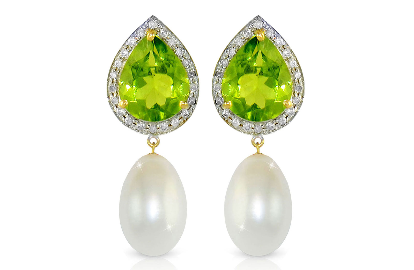 Vera Perla 18K Gold 0.24ct Diamonds, Peridot and 13mm White Pearl Earrings